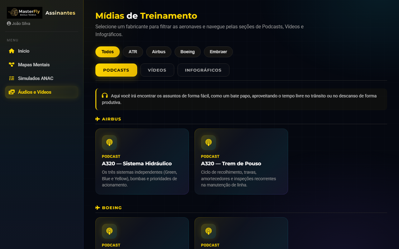 Biblioteca de áudios e vídeos com abas de Podcasts, Vídeos e Infográficos e filtro por fabricante