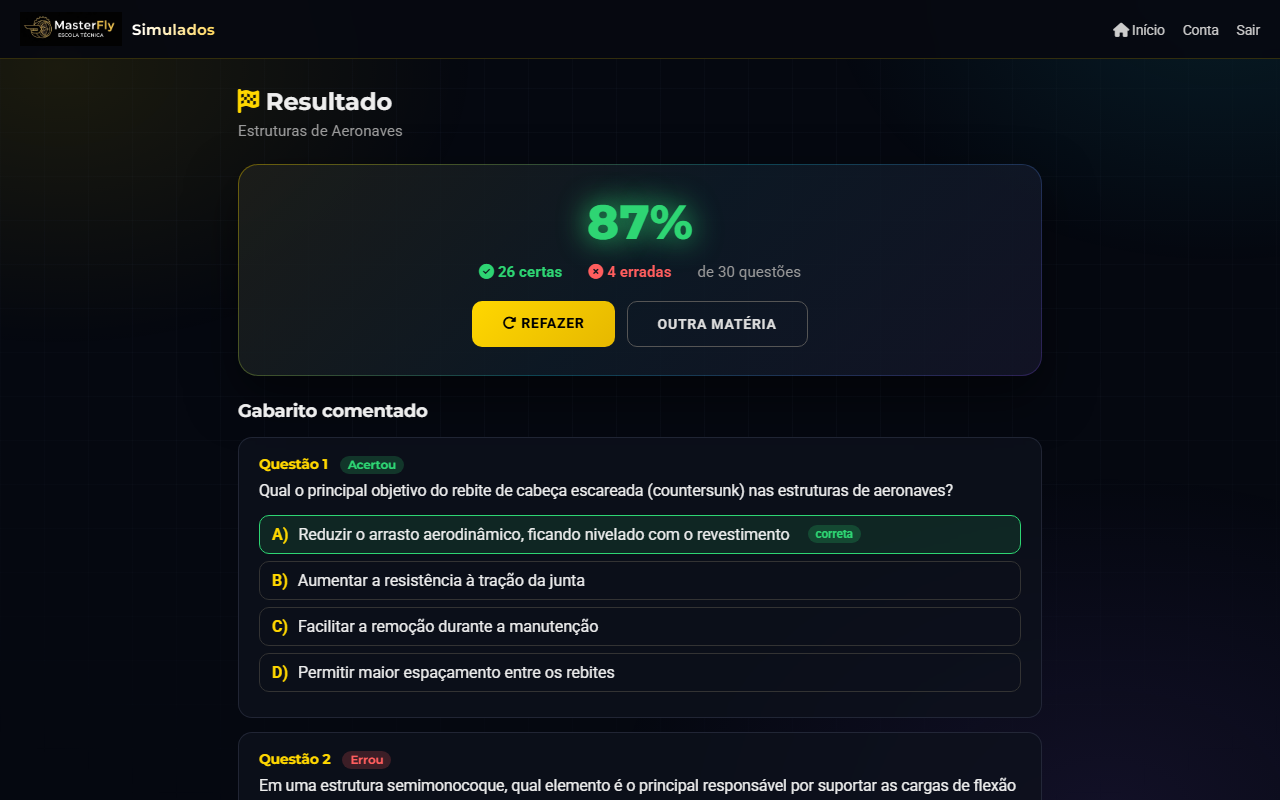 Resultado do simulado com placar de 87% e gabarito comentado