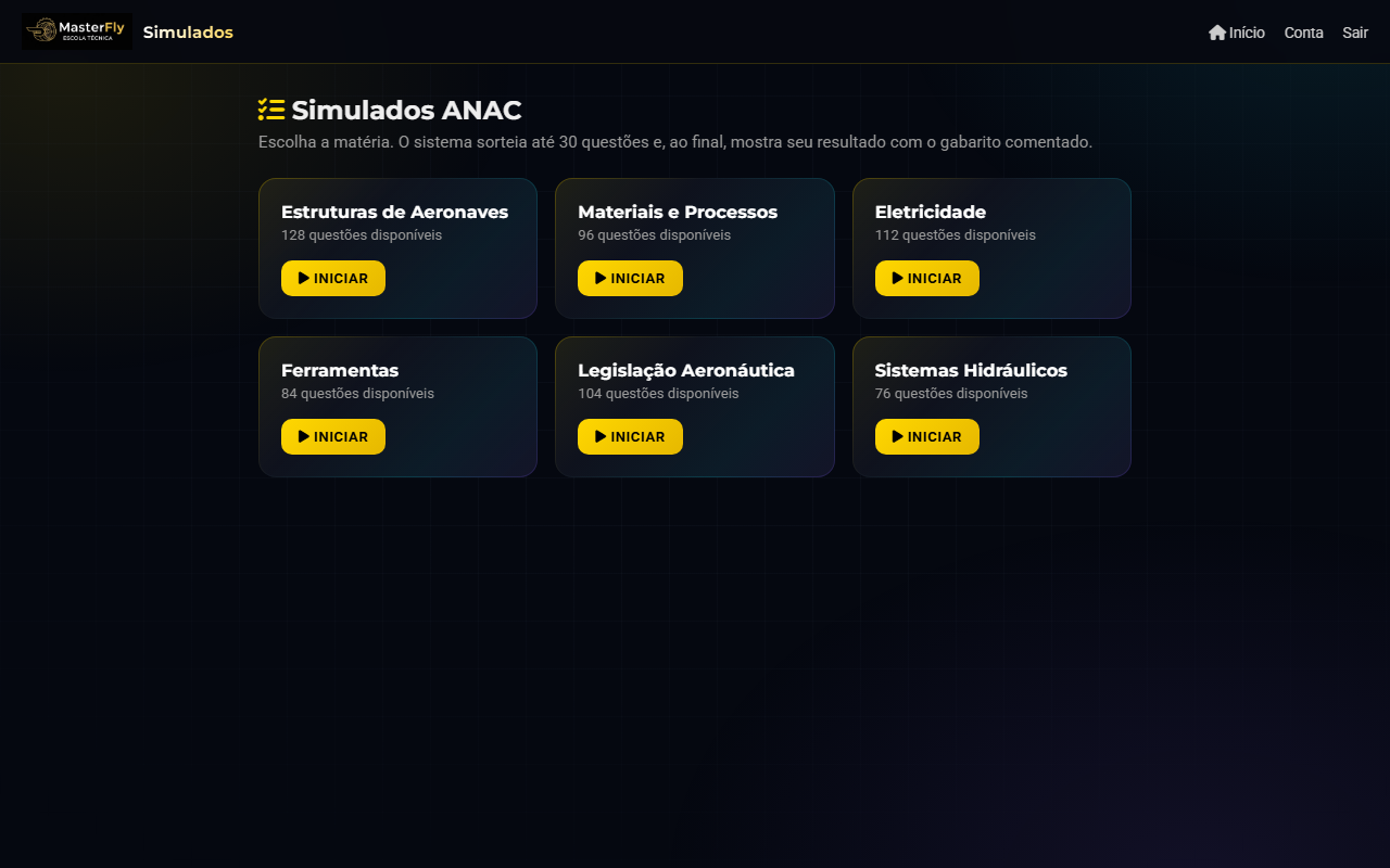 Tela de seleção de simulados ANAC por matéria