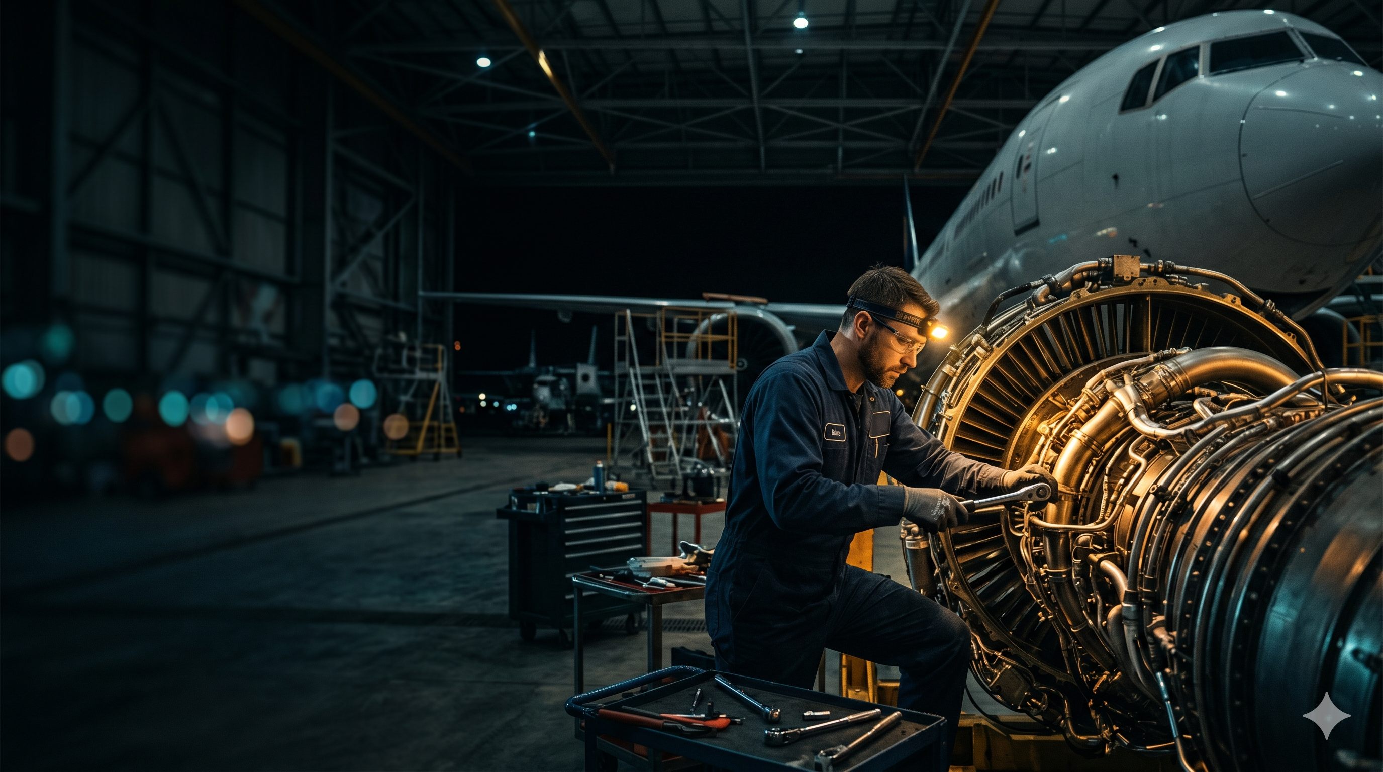Técnico de manutenção aeronáutica trabalhando em uma turbina